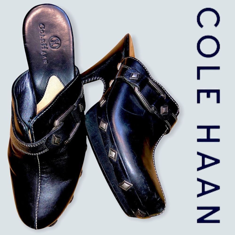 Cole Haan Studded Black Leather Slip on heels. Sz 6 B